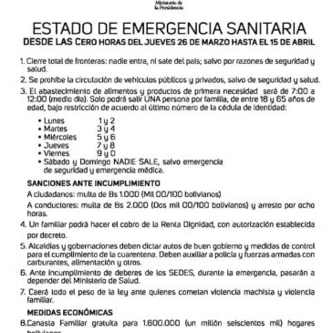 Emergenza sanitaria in Bolivia: proroga al 15 aprile
